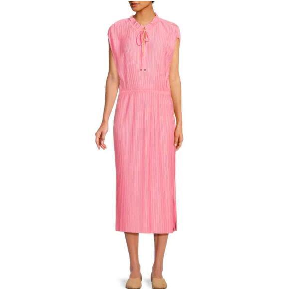 Hugo Boss Emals Midi Dress NEW Dahlia Pink Plisse Crinkle Tie Ruffle Neck NWT L - Picture 1 of 7